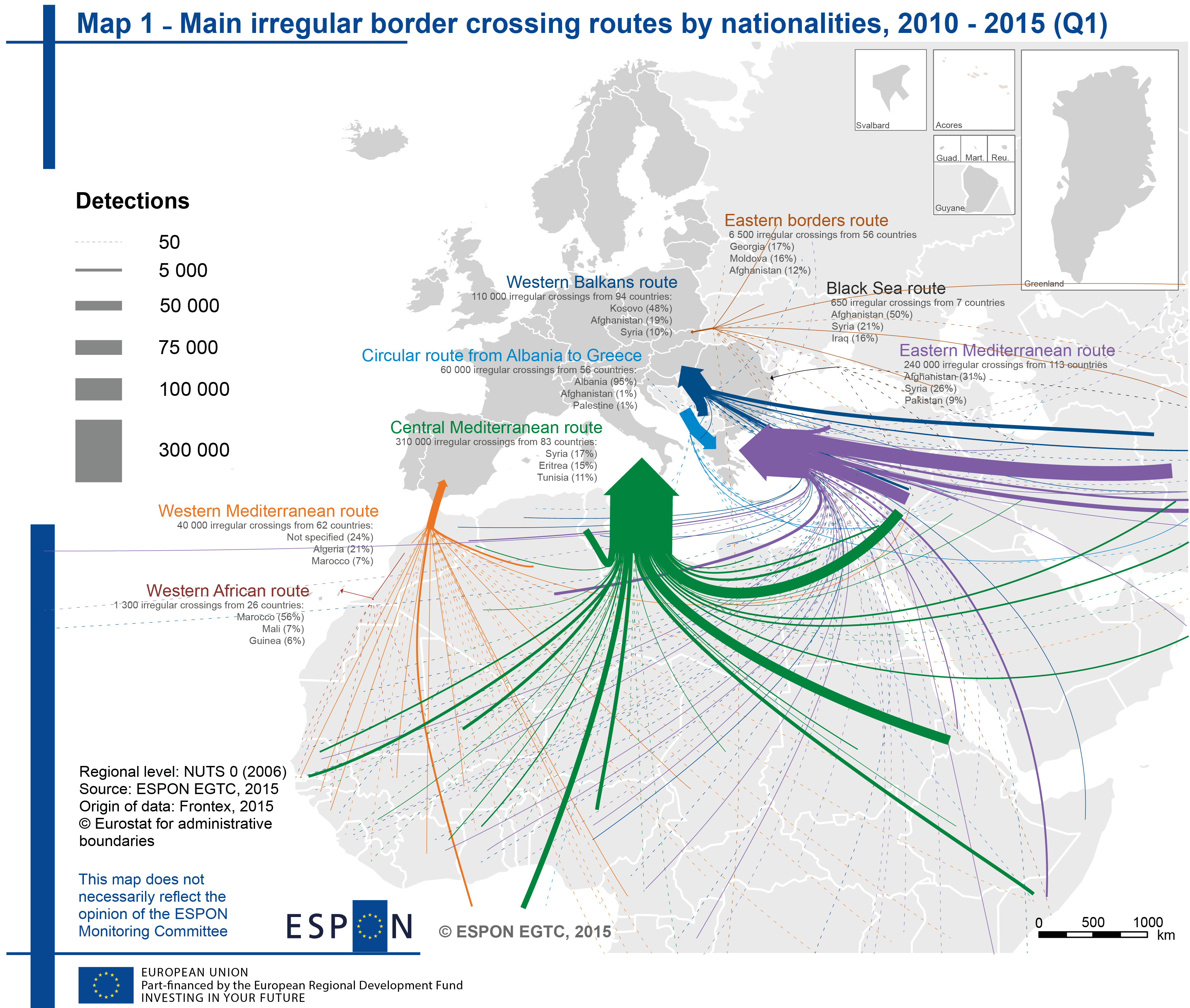 Main irregular border crossing routes by nationalities, 2010 - 2015 (Q1)
